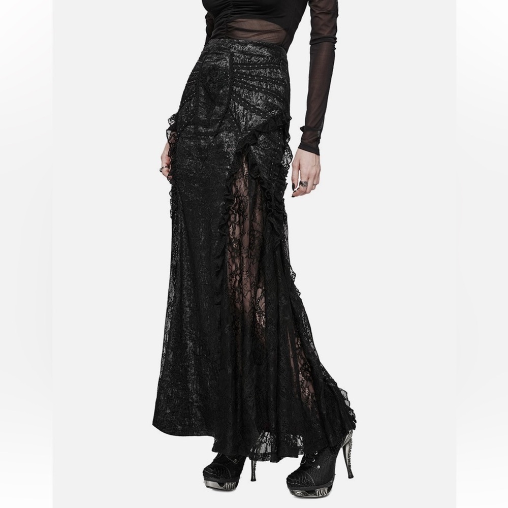 Punk Rave Floral Tribute Casket Maxi Skirt Black Lace Gothic Mermaid - Picture 7 of 16
